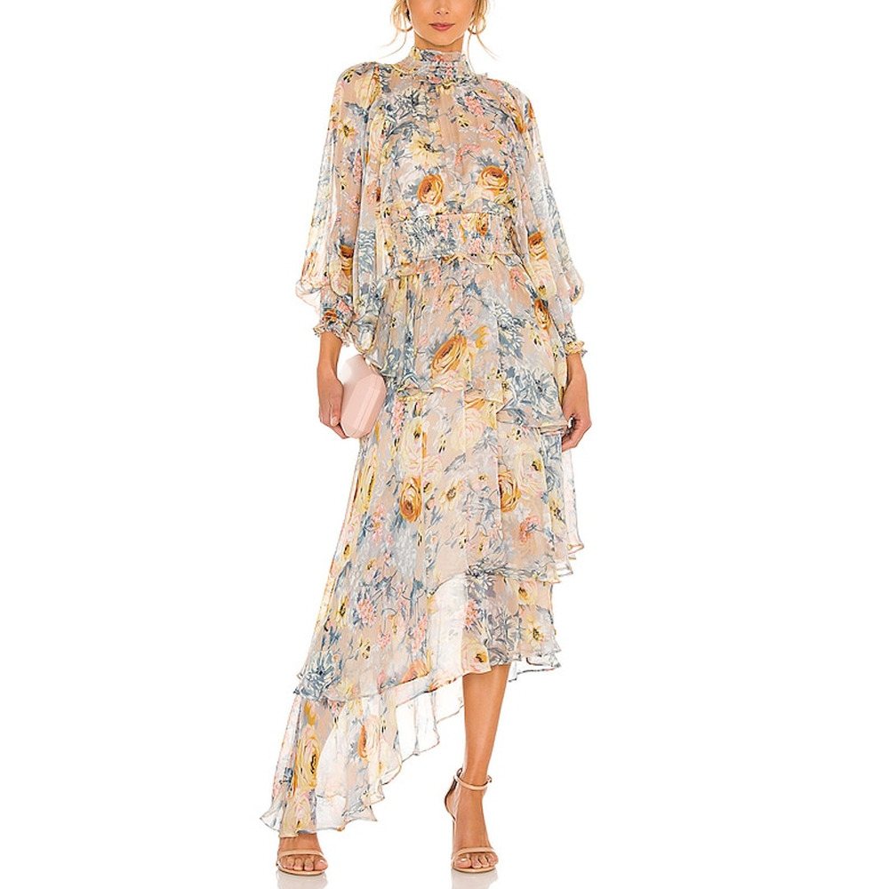Elliatt Floral High-Neck Asymmetric Ruffle Dress in Pastel Pink and Blue